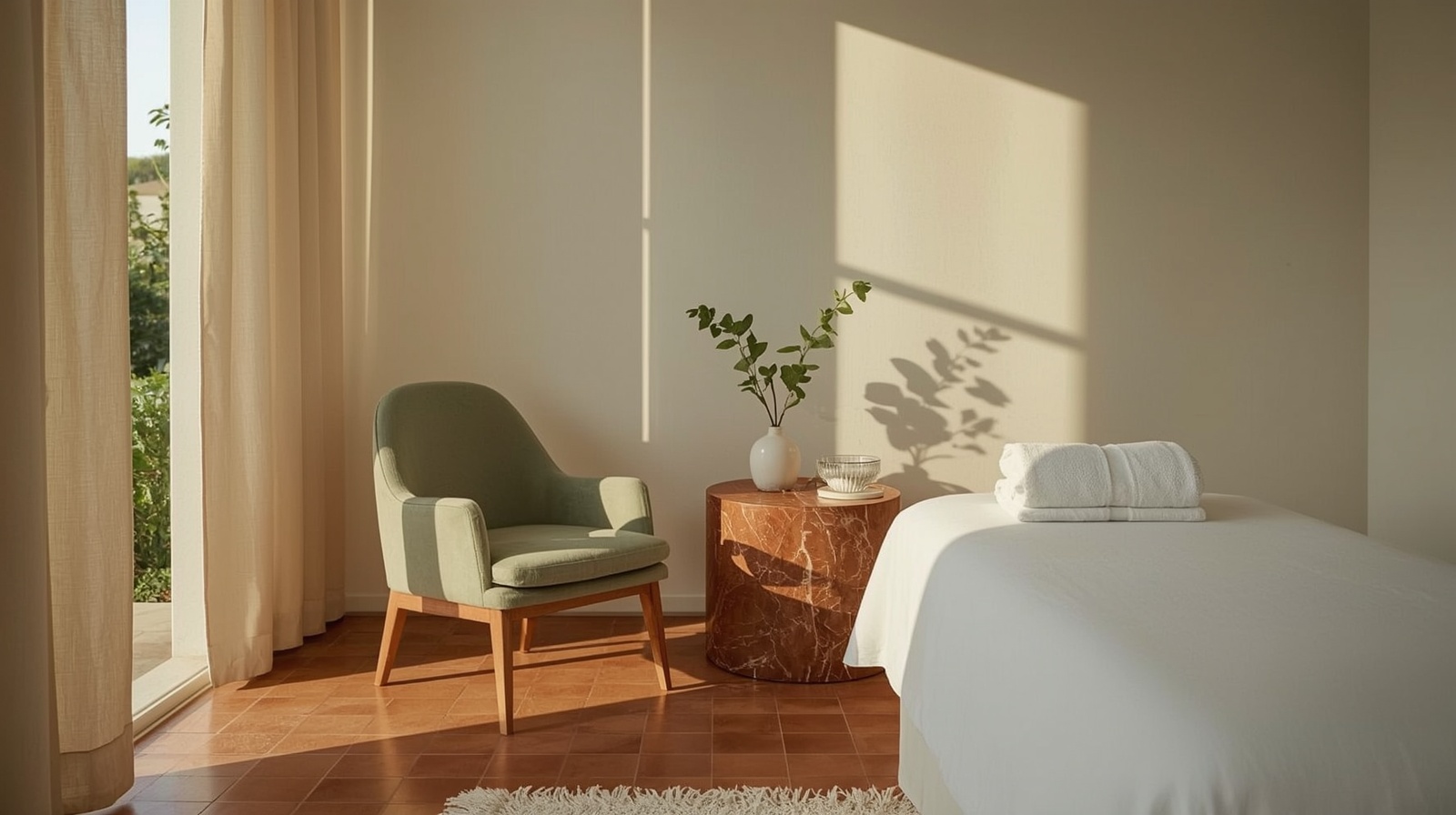A modern minimalist med spa treatment room interior