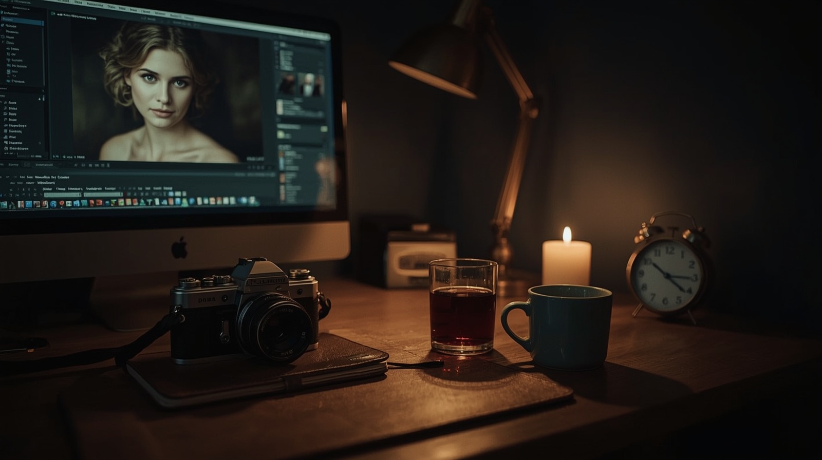 A working wedding photographer's editing desk at night